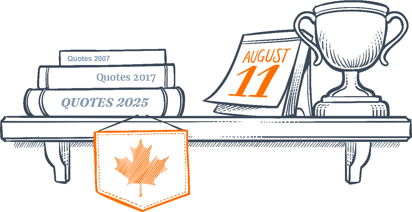 A shelf containing: a pile of books, a Canadian flag, a calendar on August 11, and a trophy