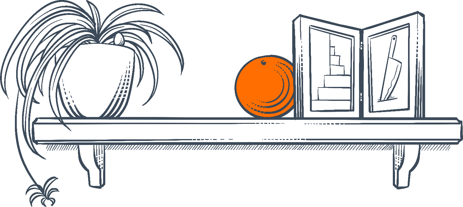 A shelf containing: a plant, an orange and a picture frame